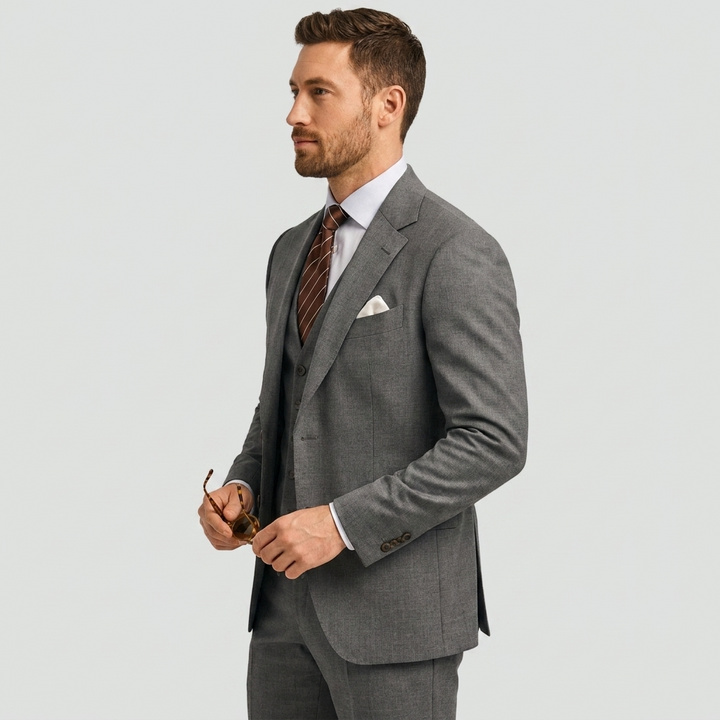 Classic black men's 3-piece tailored suit. Blazer, waistcoat & trousers for timeless formal wear.