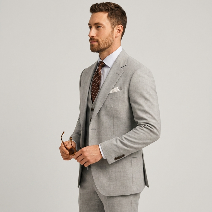 Stylish grey men's slim fit 3-piece suit. Tailored blazer, vest & trousers for a modern gentleman.