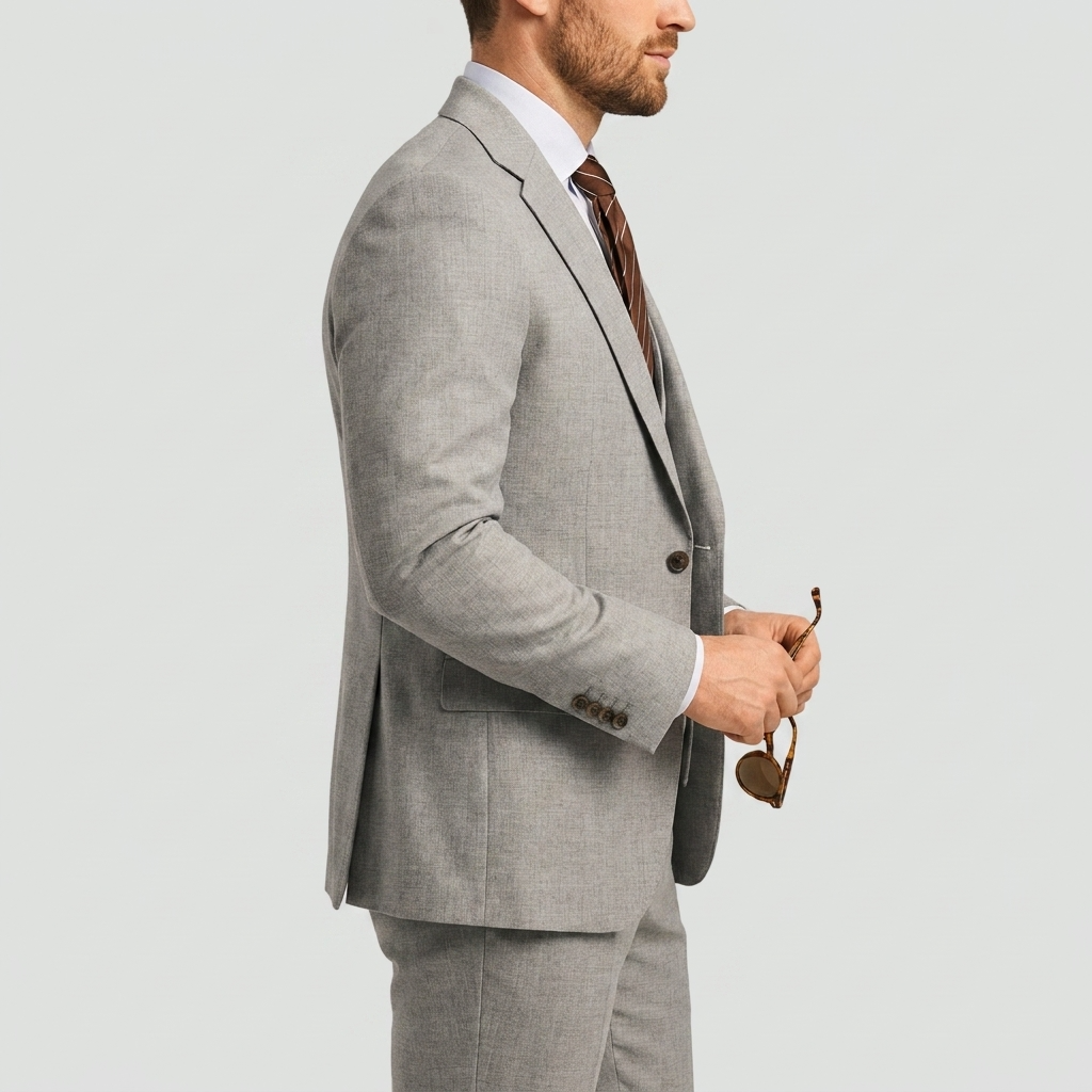Navy blue men's formal 3-piece suit. Tailored blazer, waistcoat & trousers for elegant occasions.