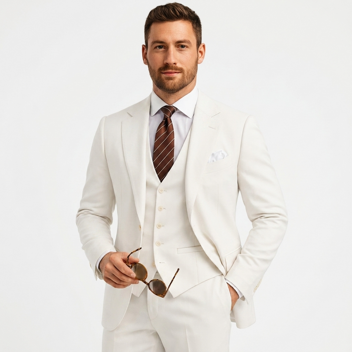 Men's tailored 3-piece suit for special occasions. Blazer, waistcoat & trousers for a distinguished look.