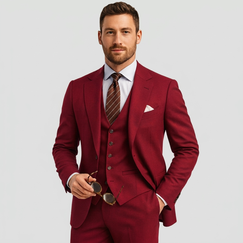 Sharp men's slim fit 3-piece suit. Tailored blazer, vest & trousers, perfect for a sophisticated look.