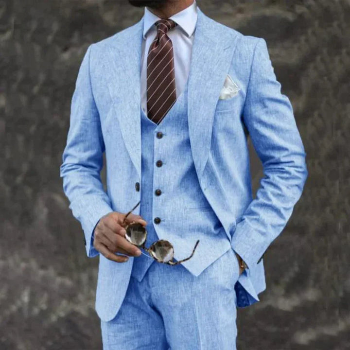 Elegant slim-fit men's three-piece suit set. Includes blazer, waistcoat & trousers for a sharp look.