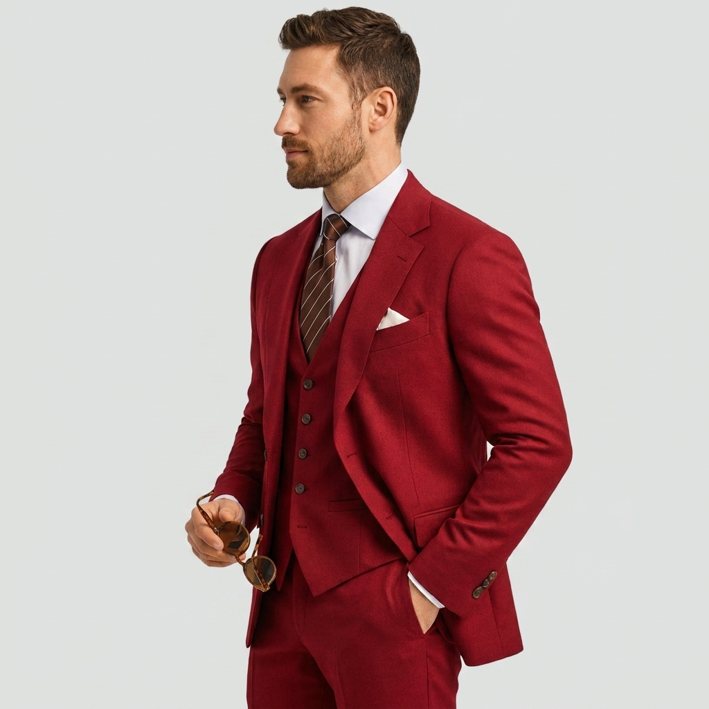 Premium men's suit set. Tailored 3-piece suit with blazer, waistcoat & trousers for formal events.