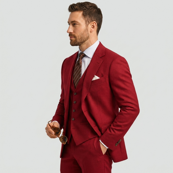Premium men's suit set. Tailored 3-piece suit with blazer, waistcoat & trousers for formal events.