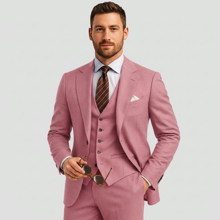Men's elegant 3-piece tailored suit. Blazer, waistcoat & trousers, perfect for business or wedding.