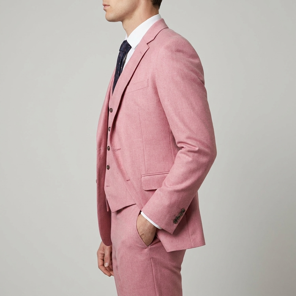Contemporary men's slim fit three-piece suit. Tailored blazer, waistcoat & trousers for modern style.