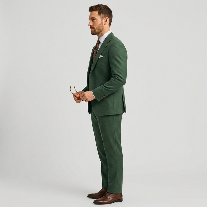Sophisticated men's 3-piece suit. Tailored blazer, waistcoat & trousers for gentleman fashion.