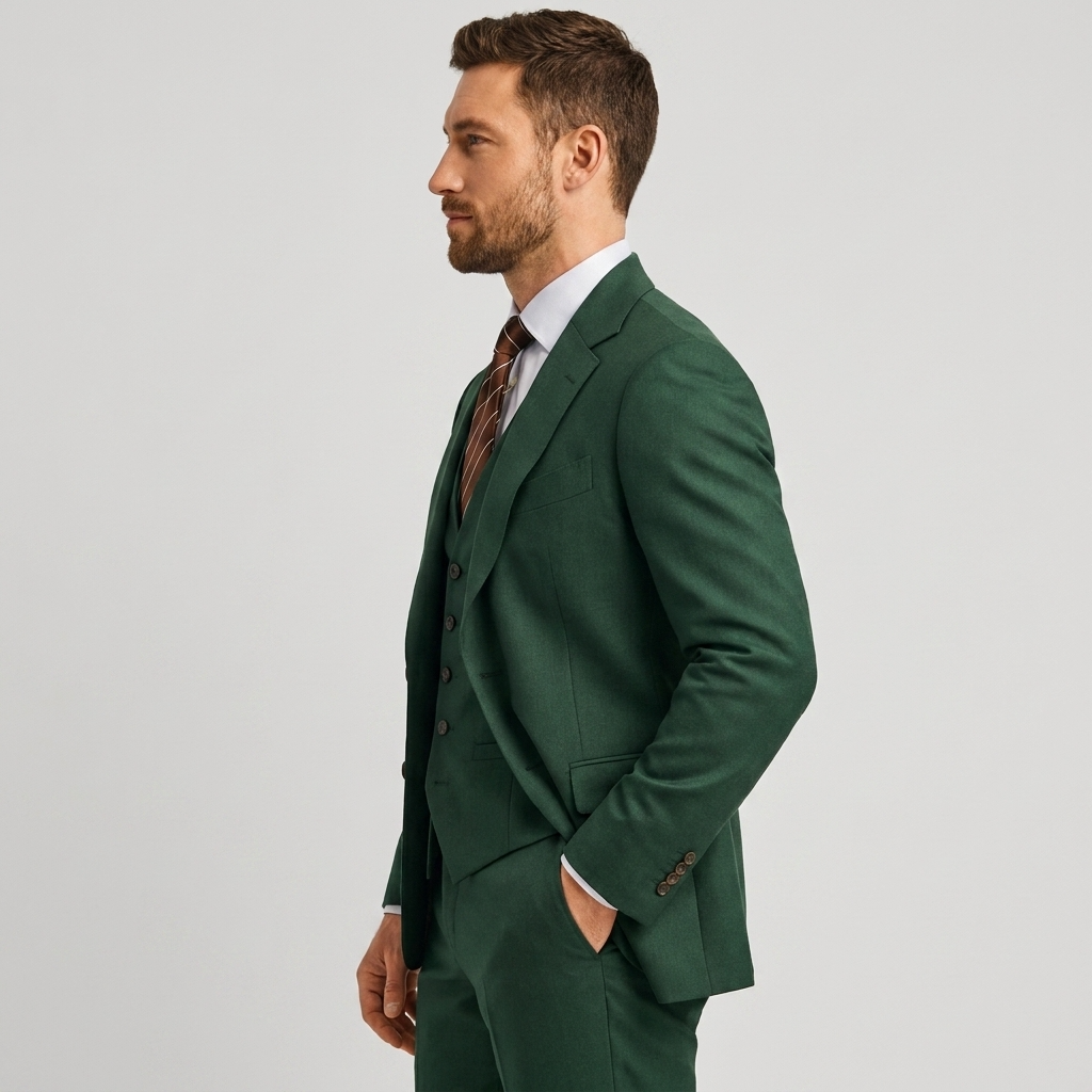 Men's complete formal suit set. Tailored 3-piece with blazer, waistcoat & trousers, ideal for any event.
