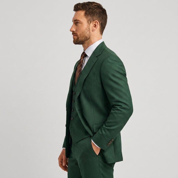 Men's complete formal suit set. Tailored 3-piece with blazer, waistcoat & trousers, ideal for any event.