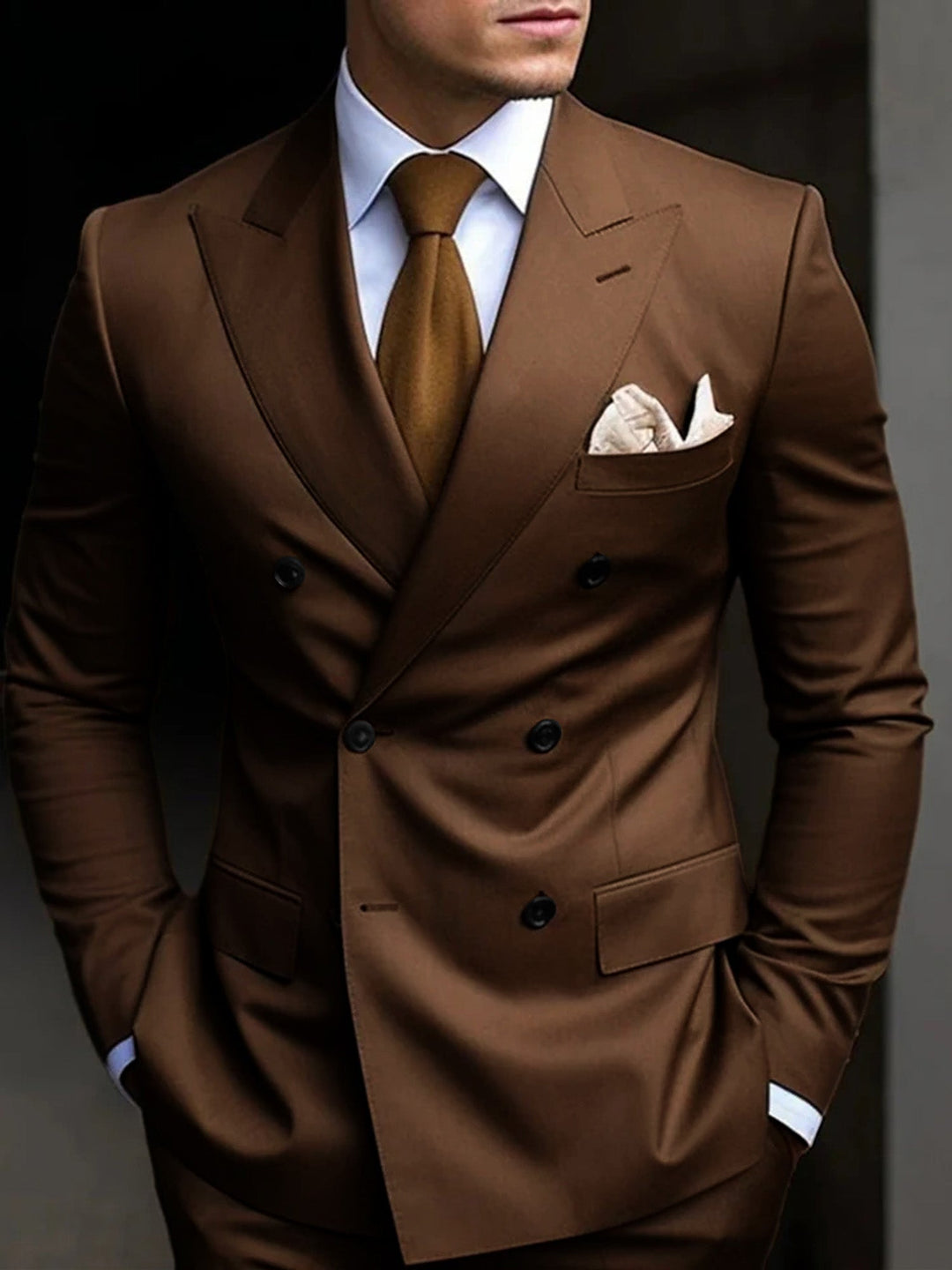 Classic men's tailored fit double-breasted 2-piece suit, perfect for formal events & business wear.