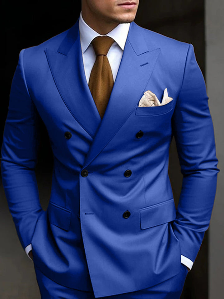 Iconic men's fashion: a classic tailored fit double-breasted suit, the ultimate 2-piece for formal events.