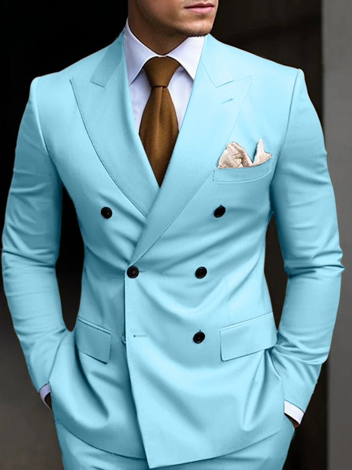 Modern classic men's double-breasted tailored suit, a versatile 2-piece for business & wedding attire.