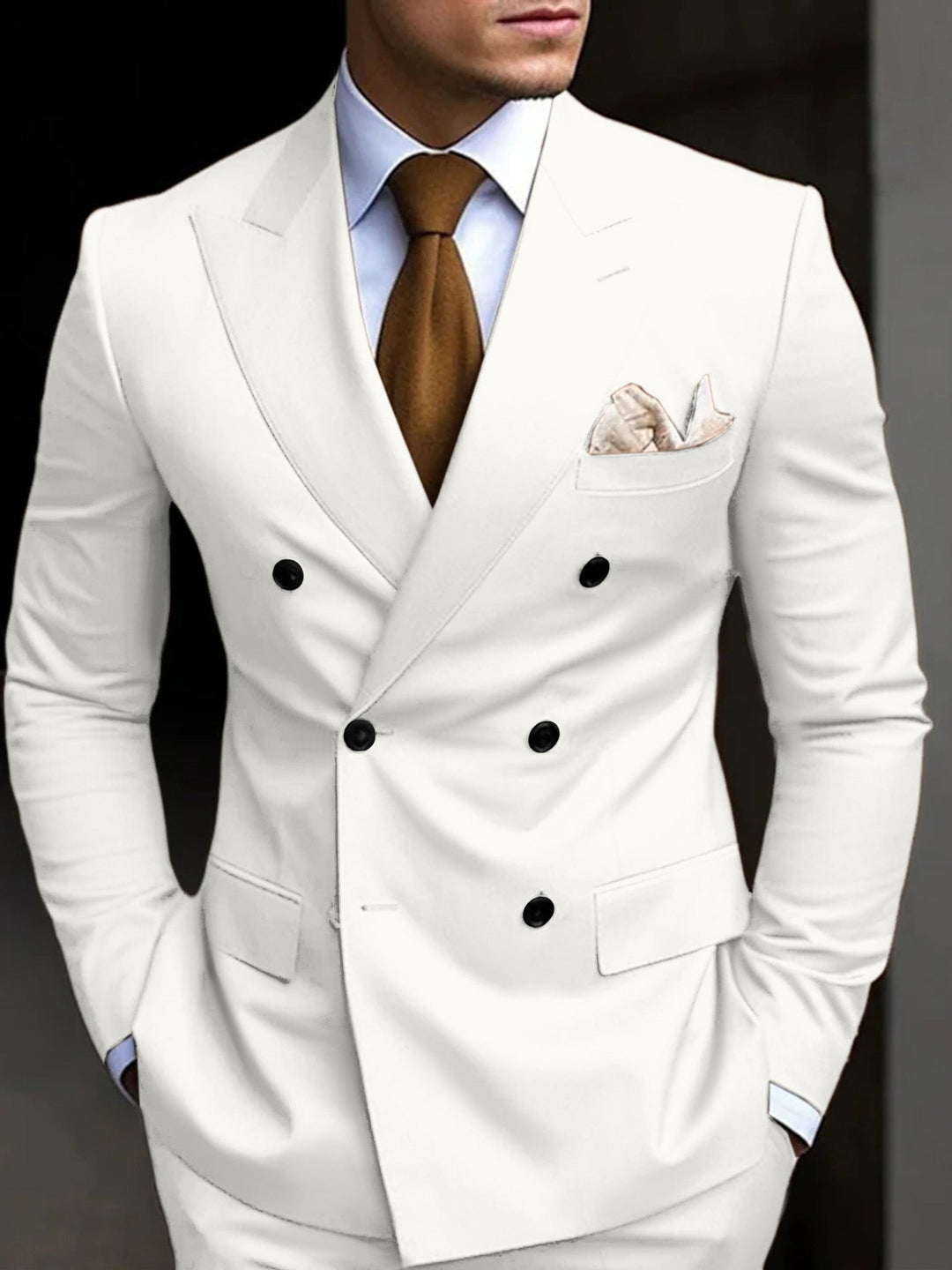 Luxurious men's tailored fit 2-piece suit, double-breasted classic design for formal & event wear.