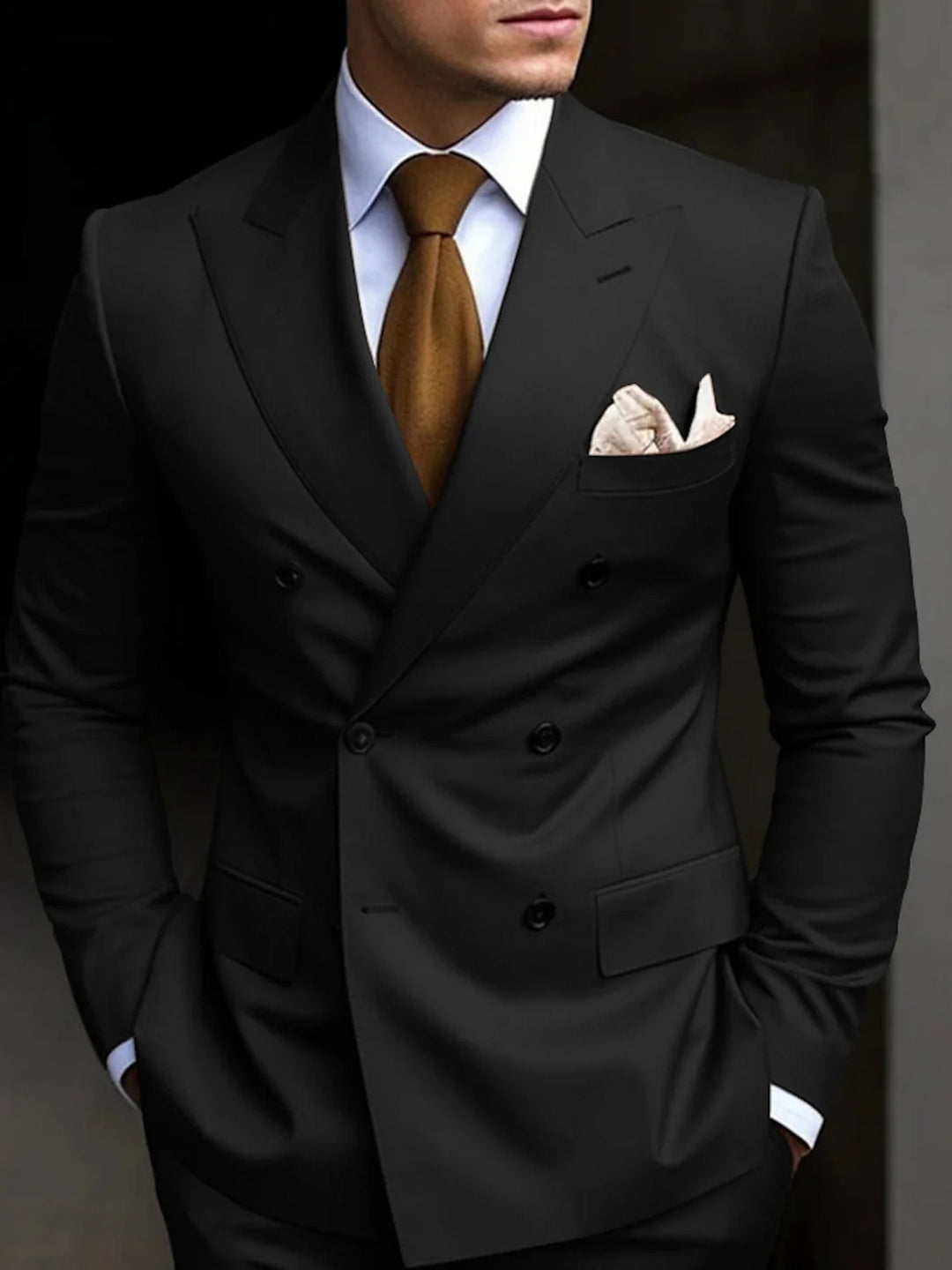 Elegant men's double-breasted suit, a classic tailored 2-piece for weddings & sophisticated events.