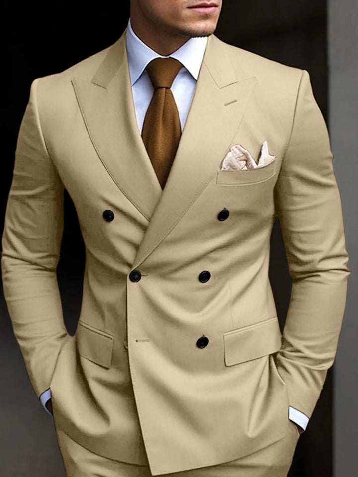 Men's classic double-breasted suit with a tailored fit, essential two-piece for elegant event attire.