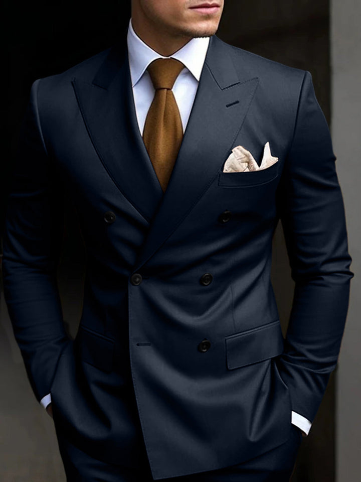 Formal men's fashion: a classic tailored double-breasted 2-piece suit for business or wedding events.