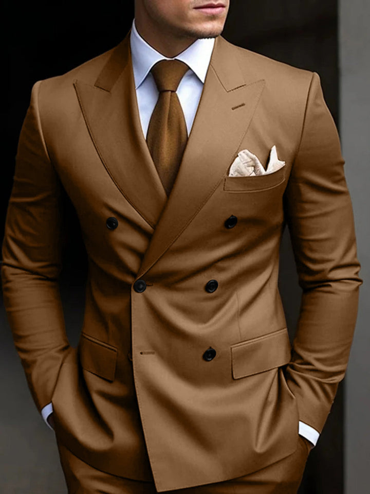 Sophisticated men's tailored fit double-breasted suit, a classic two-piece for formal & elegant wear.