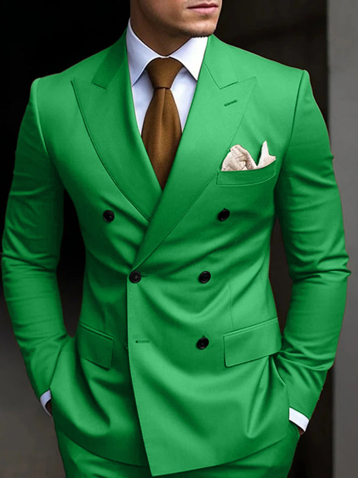 Sharp men's double-breasted tailored suit, a classic two-piece for business, weddings, and formal attire.