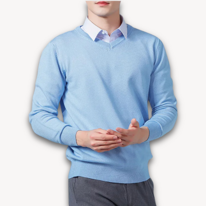 Stylish men's V-neck sweater, versatile for layering, comfortable for all-day wear.