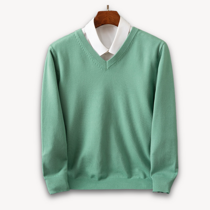 Versatile men's V-neck sweater for layering, features a slim fit and comfortable design.