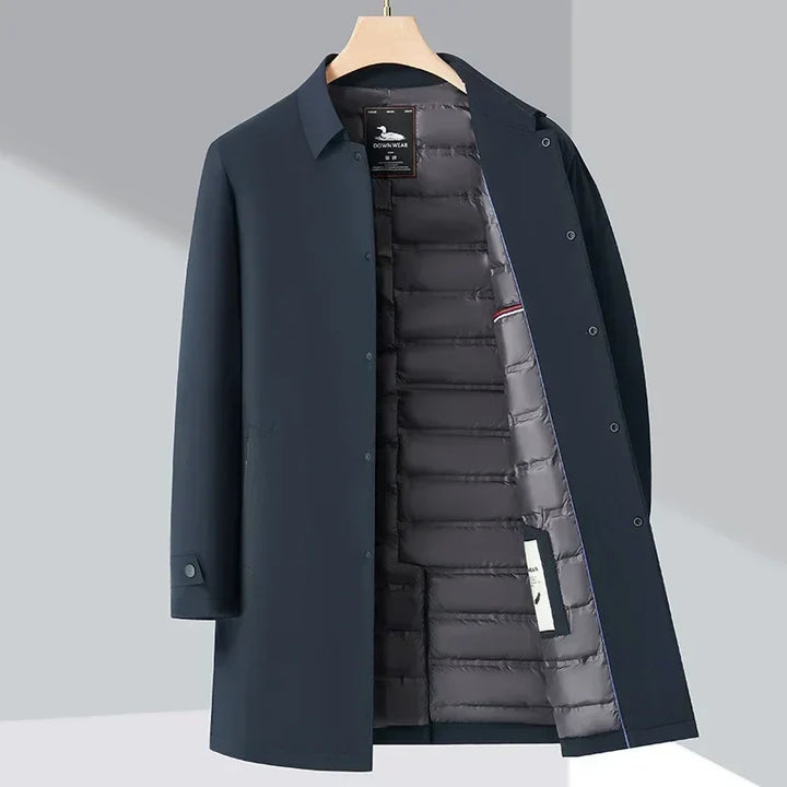 Classic men's water-repellent trench coat with down filling, perfect for tailored autumn & winter fashion.