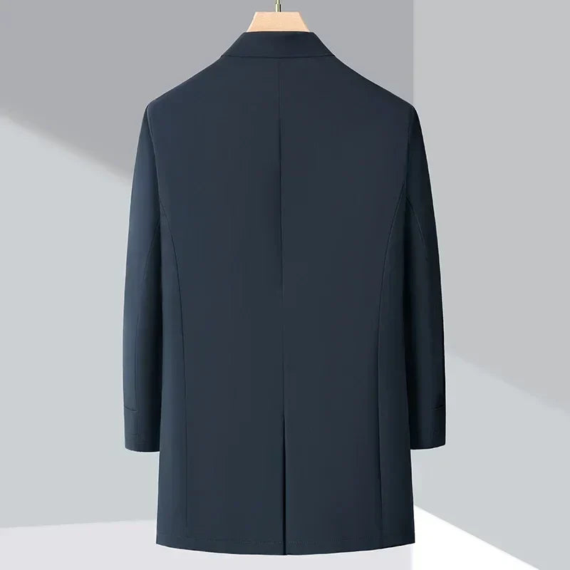 Timeless men's trench coat with down filling & tailored fit, ideal for warm, water-repellent everyday outerwear.
