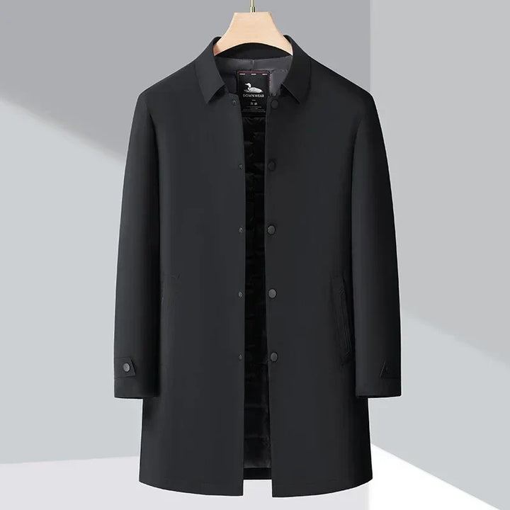 Elegant men's water-repellent trench coat with warm down filling. A classic outerwear staple for autumn & winter.