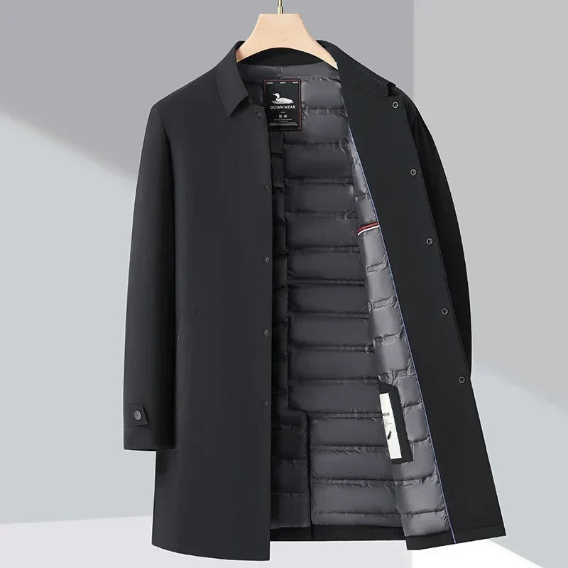 Stylish men's classic trench coat, water-repellent for autumn & winter. Warm down filling & tailored fashion fit.