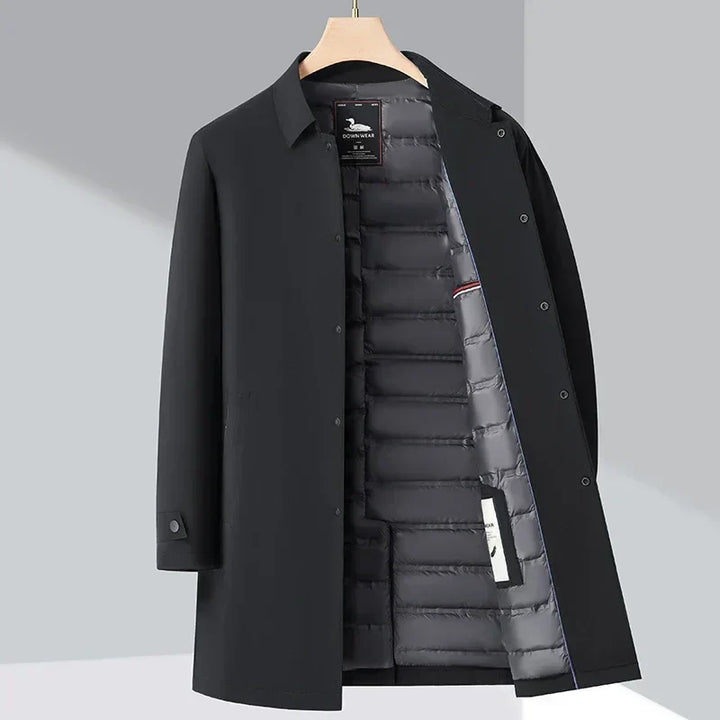 Stylish men's classic trench coat, water-repellent for autumn & winter. Warm down filling & tailored fashion fit.
