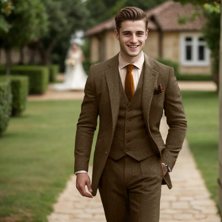 Classic navy three-piece suit for men, perfect for weddings & formal events.