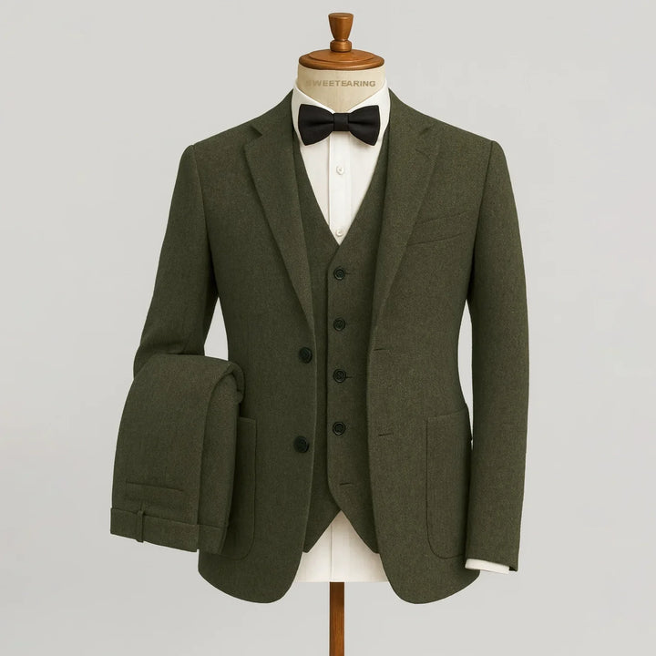 Sophisticated black three-piece suit for men's weddings, galas & business meetings.
