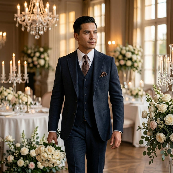 Men's tailored blue three-piece suit, ideal for groomsmen or business professionals.