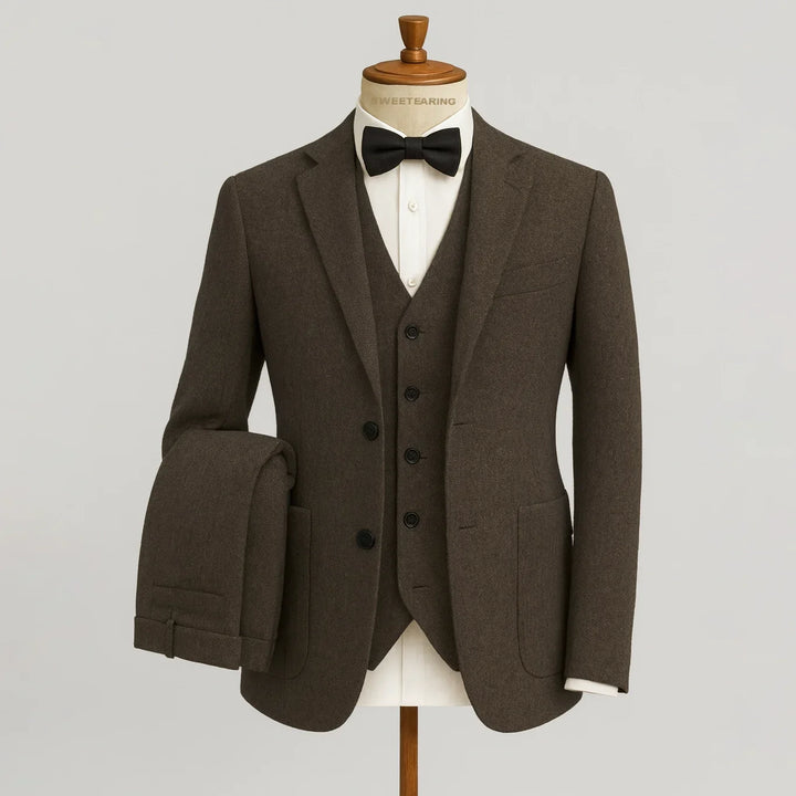 Traditional men's three-piece wedding suit, perfect for the groom or groomsmen.