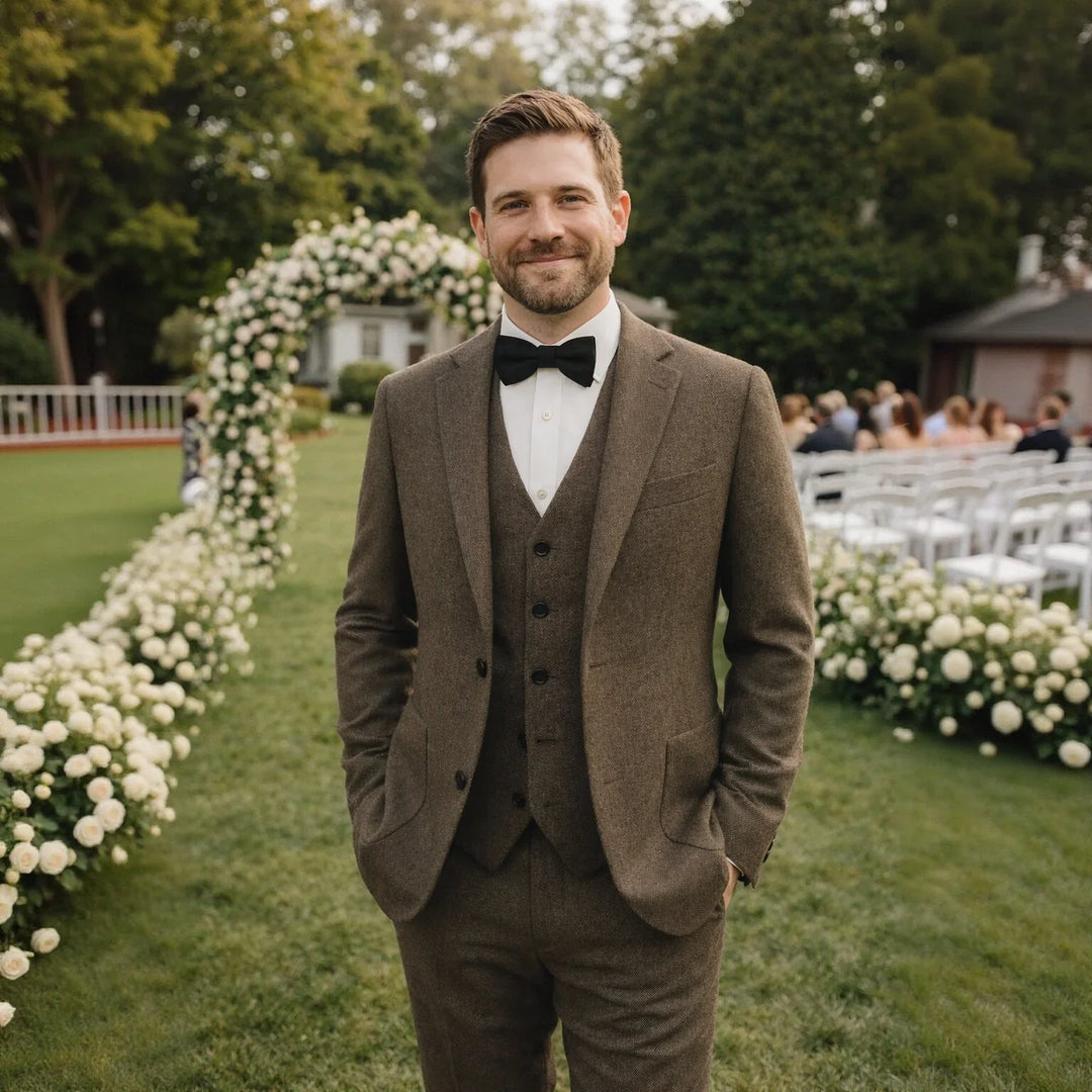 Stylish grey three-piece suit, featuring blazer, vest & trousers, for men's fashion.