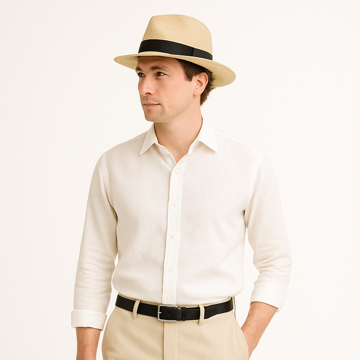 Classic Panama hat for men with wide brim, natural straw, and a timeless band, perfect for summer style.