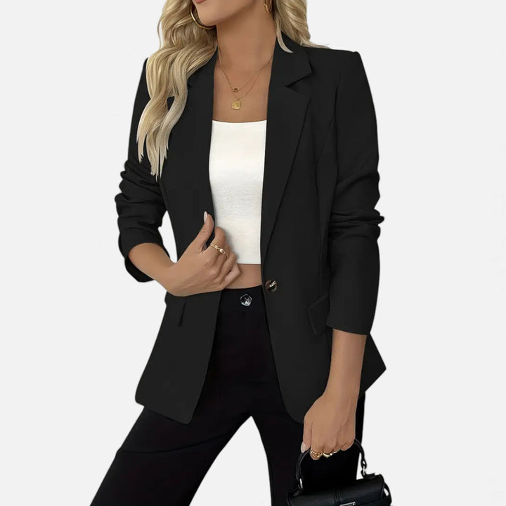 Modern classic women's single-breasted blazer, perfect as spring fashion, summer outerwear, or fall professional wear.