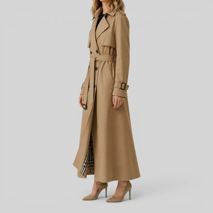 Stylish women's belted trench coat. Classic fit longline outerwear, elegant for spring & autumn seasons.