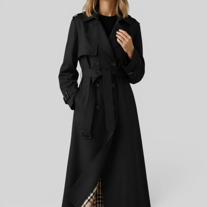 Elegant women's longline trench coat. Perfect classic belted outerwear for spring and autumn style.
