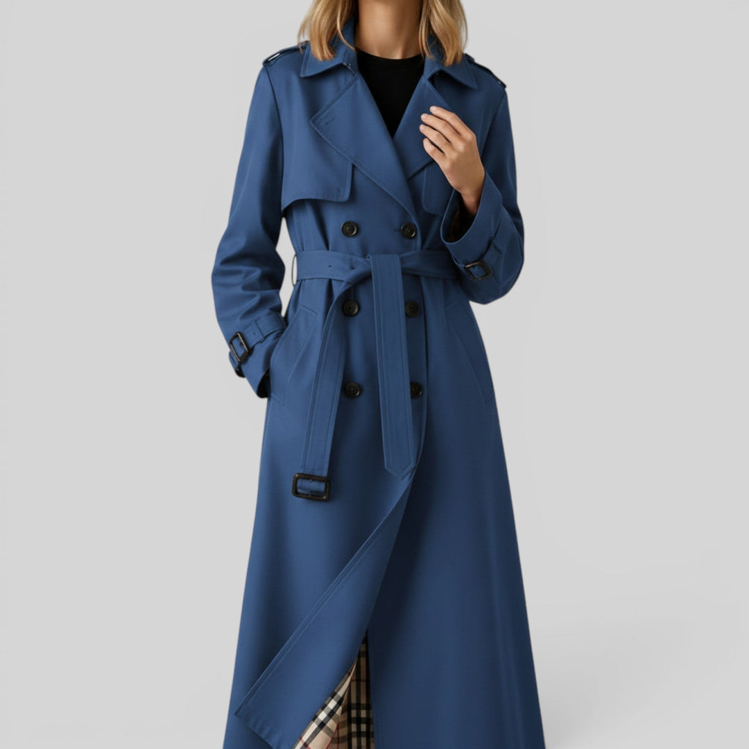 Classic women's trench coat with belt. Stylish longline outerwear for elegant spring and autumn fashion.