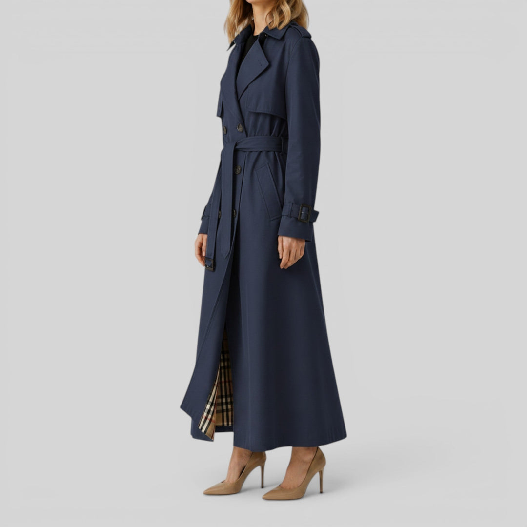 Elegant women's longline spring jacket. Classic belted trench coat, sophisticated outerwear for any occasion.