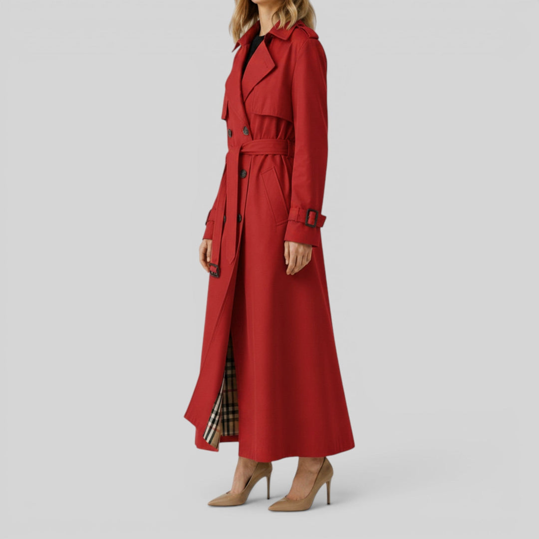 Sophisticated women's longline autumn trench coat. Classic belted outerwear, perfect for elegant style.