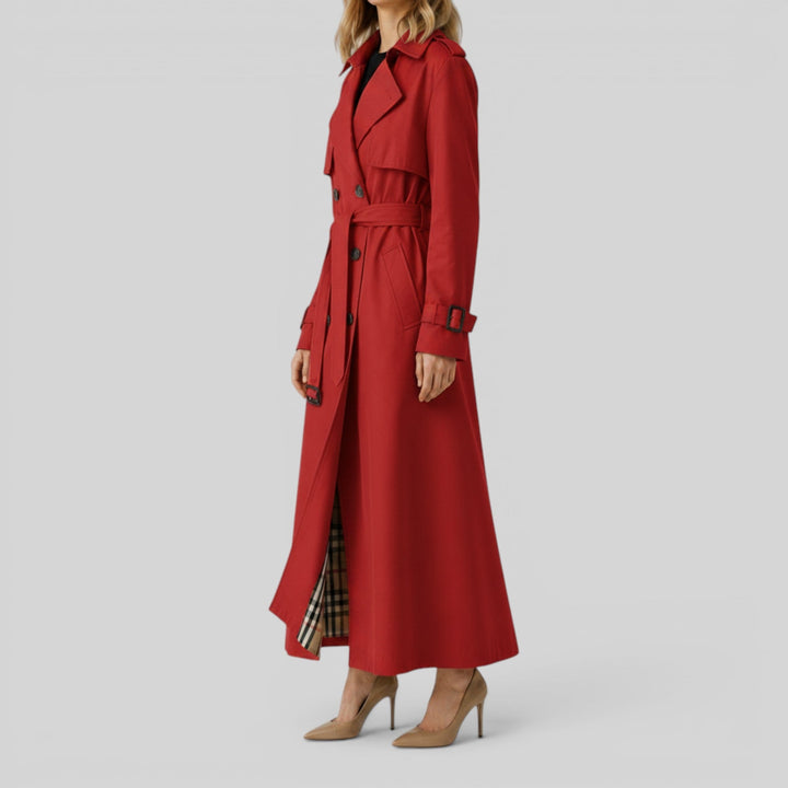 Sophisticated women's longline autumn trench coat. Classic belted outerwear, perfect for elegant style.