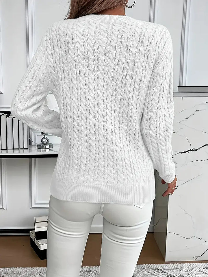 Soft cable knit sweater for women, a cozy and stylish classic. Ideal for winter fashion & casual autumn wear.