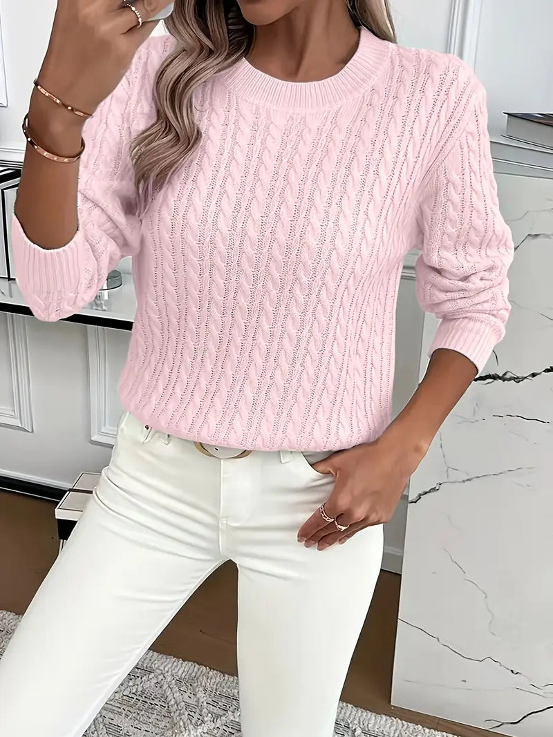 Cozy women's cable knit sweater, a stylish classic for warmth and comfort. Essential winter & autumn knitwear.