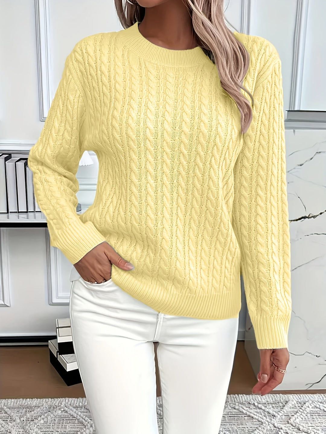 Must-have women's cable knit sweater, combining classic style with cozy comfort for autumn & winter fashion.