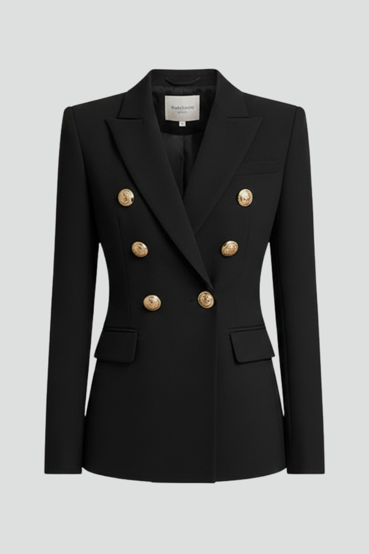 Classic women's double-breasted blazer with gleaming gold-tone buttons, perfect for a chic professional look.