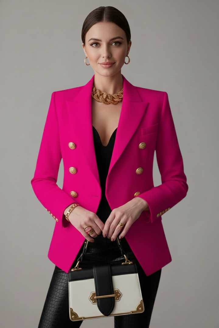 Modern women's double-breasted blazer. Chic design, gold-tone button accents, perfect for versatile styling.