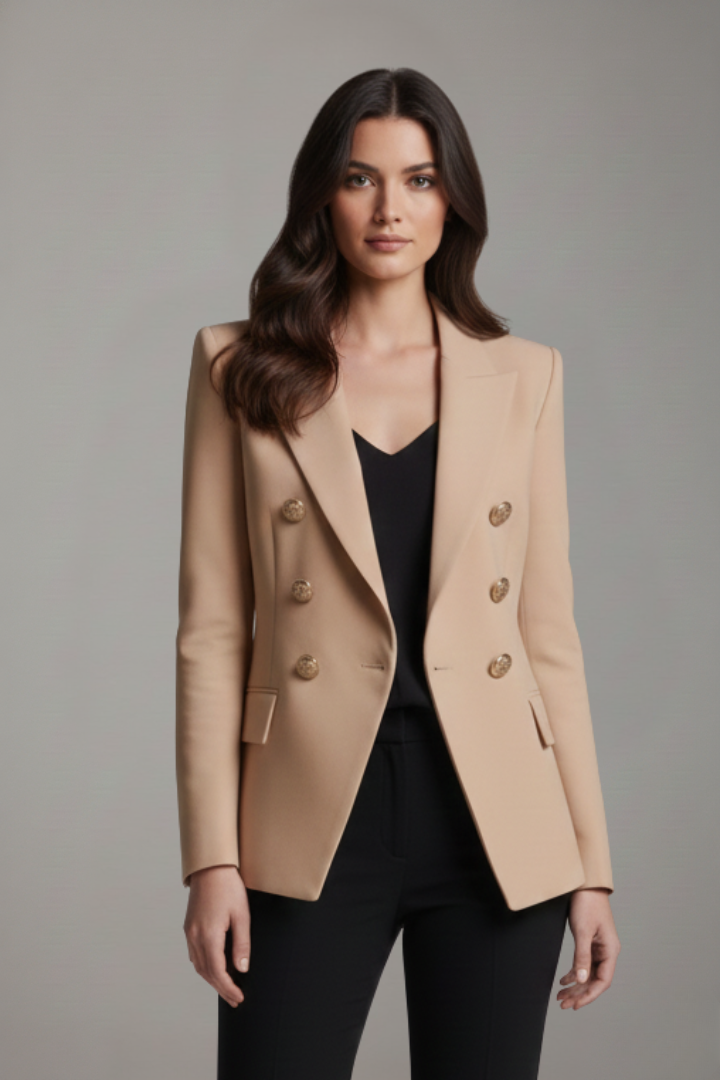 Professional & elegant women's double-breasted blazer with distinct gold buttons. Ideal for a polished business look.