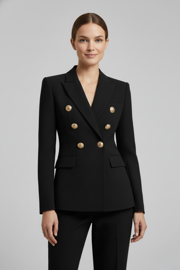 Elegant tailored women's blazer featuring stylish double-breasted design and luxurious gold button details.