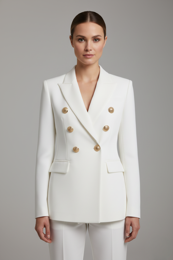 Versatile women's blazer, double-breasted style with elegant gold buttons. Great for professional & formal outfits.